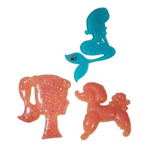 Handmade unique retro resin pinup brooches - Barbie head, mermaid, and poodle